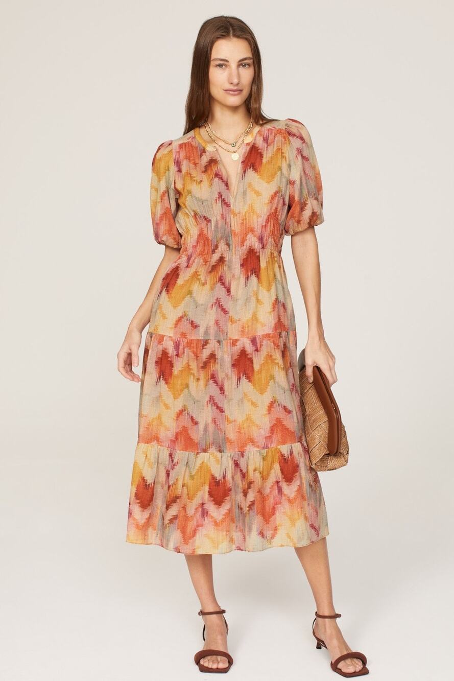 Ba&sh Anissa Orange Chevron Print Tiered Cotton Puff Sleeve Midi Dress Large